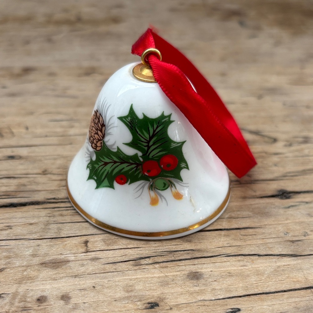 Royal Tara Bone China Elegant Bell Ornament with Pinecones Holly Berries